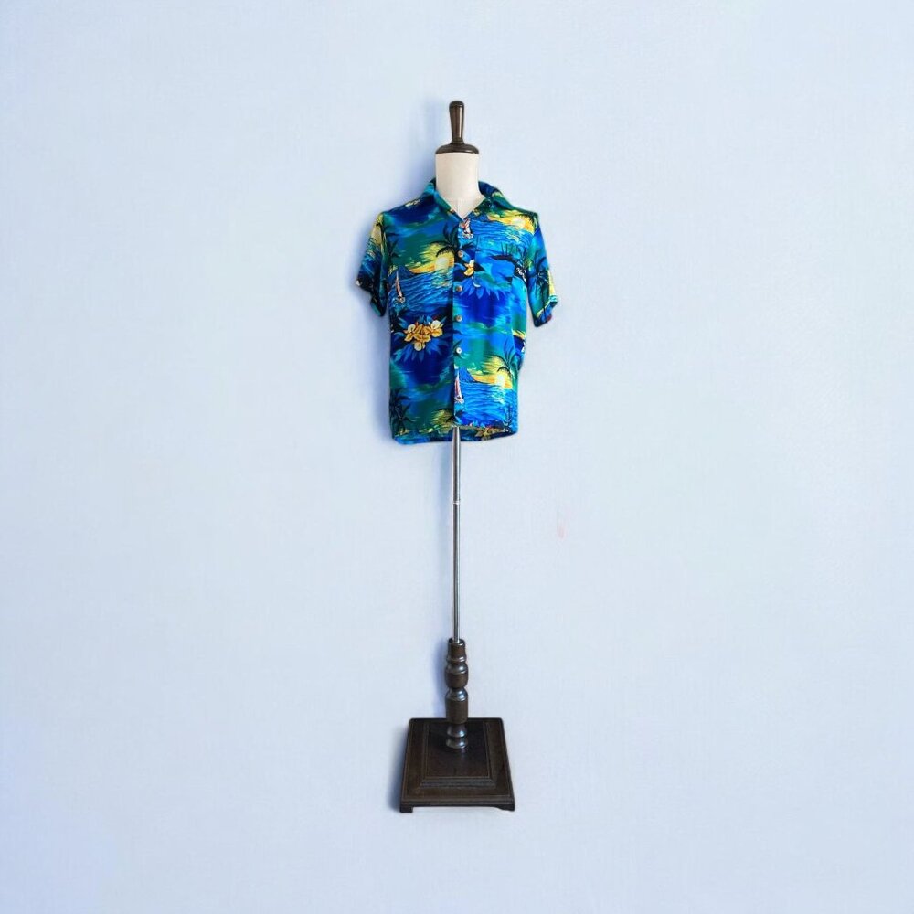 Aremar Mens Hawaiian Tropical Print Button-Up Shirt L Palm Trees Flowers Blue